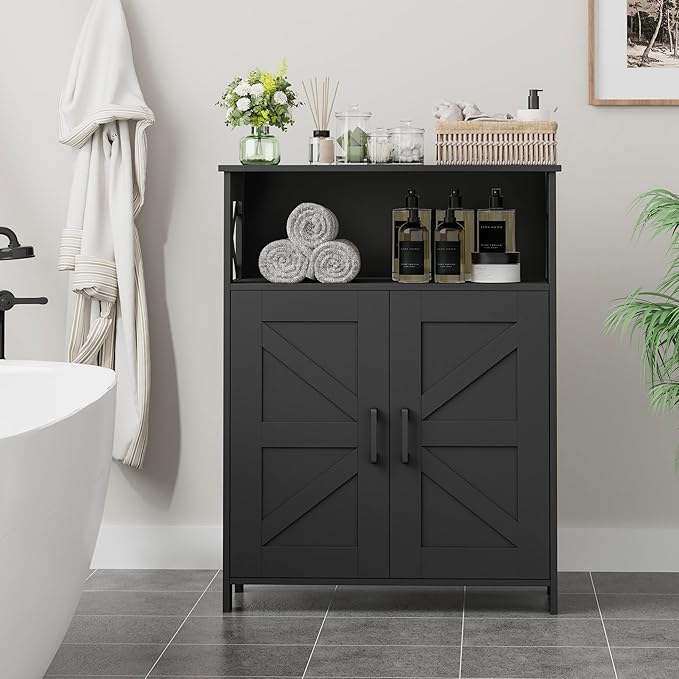 Homhedy Farmhouse Bathroom Storage Cabinet with 2 Doors, Toilet Paper Cabinet with Adjustable Shelf, Small Bathroom Cabinet for Kitchen/Laundry/Living Room, 11.8 x 23.6 x 31.5 Inches, Black