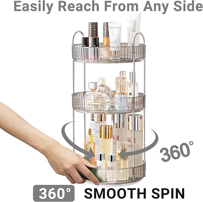 360 Rotating Makeup Organizer, Grey-3 Tier