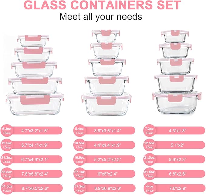 30 Pieces Glass Food Storage Containers Set, Pink