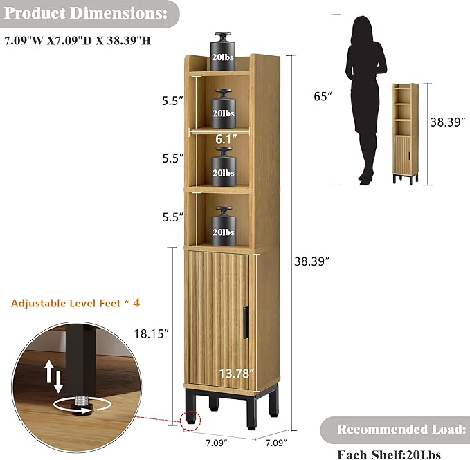 FerniTry Narrow Bathroom Storage Cabinet, Corner Toilet Paper Floor Cabinet 5 Tiers with Door and Shelves,Bathroom Organizer with Adjustable Shelf, for Small Spaces (Oak)