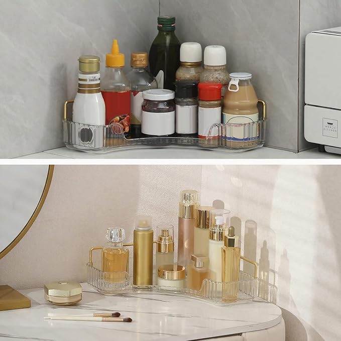 INVSSENE Corner Bathroom Countertop Organizer, Vanity Organizer Trays for Counter, Makeup Organizers, Perfume Tray, Skincare Shelf Storage Gifts for Women Girl Student (Clear, 1 Tier)