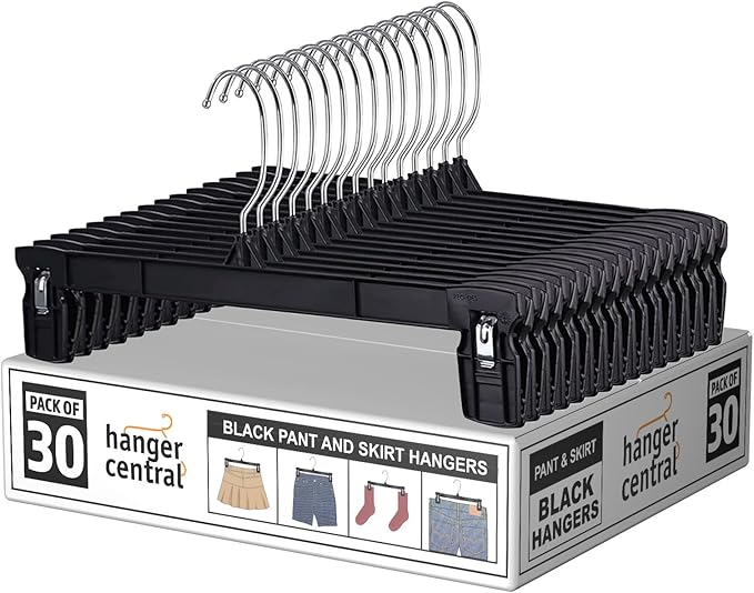 30 Pack Pants Hangers Slim Plastic Clothes Hangers with Clips for Skirts, Shorts & Trousers – Non Slip Grip, Heavy Duty Space Saver with Swivel Hook – Black Closet Organizer - 12 Inch