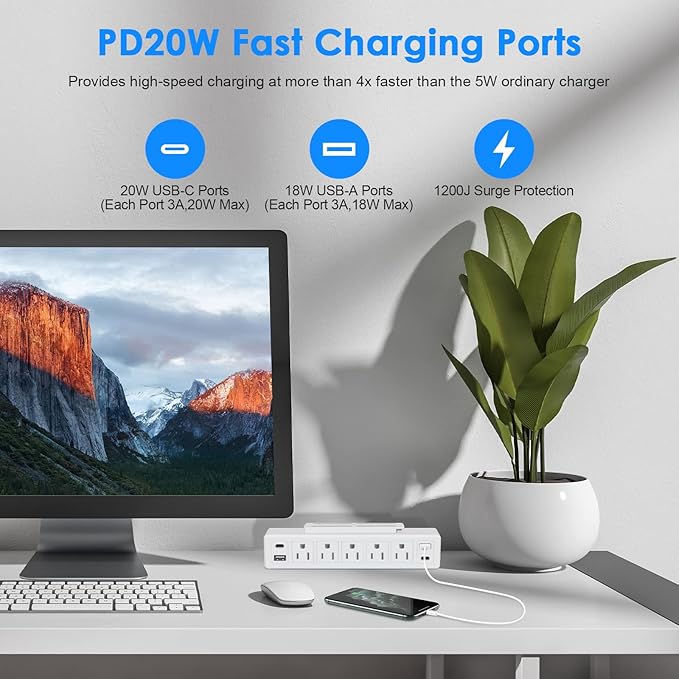 40W Under Desk Power Strip Mountable,20W USB-C Fast Charging Flat Plug Power Strip Surge Protector 1200J,9 in 1 Desk Outlet,5 Outlets,2 USB-C,2 USB-A,10FT Extension Cord White