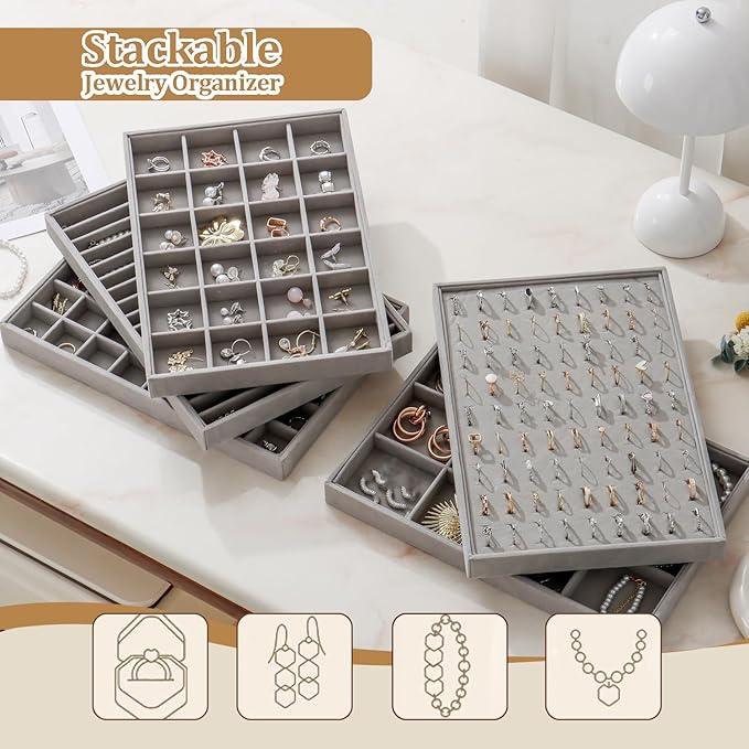 Large Velvet Jewelry Tray 2 Pack Stackable Jewelry Display Drawer Inserts Trays Organizer for Earring Bracelet Necklace Ring (Gray, 16 Grids)