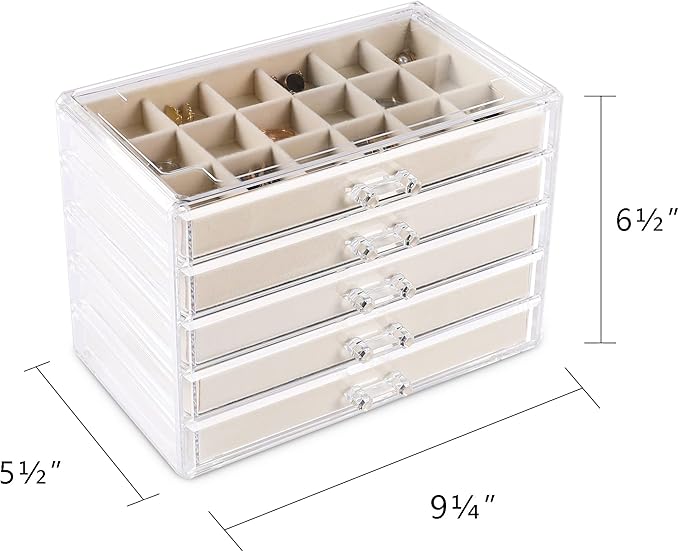 Frebeauty Acrylic Jewelry Organizer Earring Organizer Box with 5 Drawers Earring Holder Organizer with Velvet Trays Clear Jewelry Box for Women Earring Display for Rings Studs(Beige)