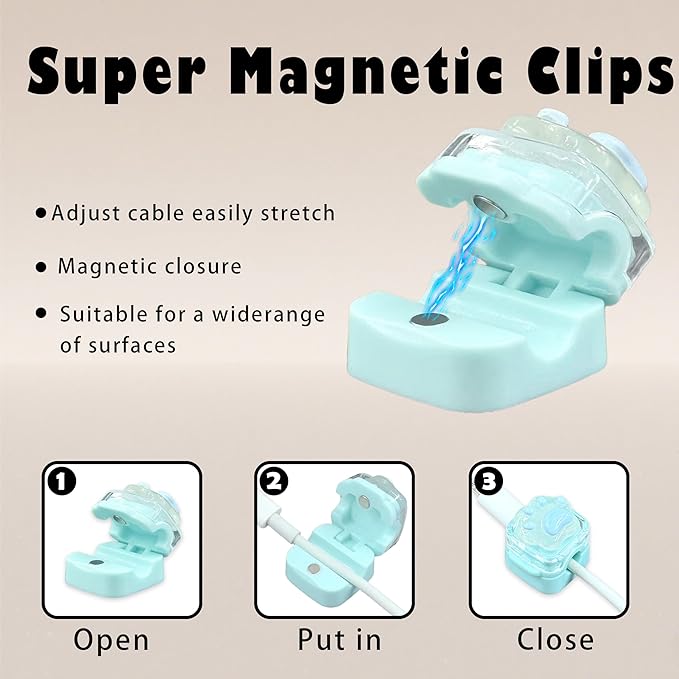 9Pack Magnetic Cable Clips for Nightstand, Adhesive Night-Glowing Cord Holder Organizer for Office Home Desk Wall Car (Blue,Cat)
