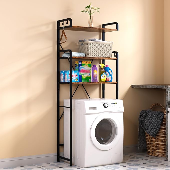 Huhote Over The Toilet Storage Rack with 3-Tier Bathroom Shelves, Space Saver Toilet Shelf, Bathroom Storage Organizer with Hooks for Over Toilet Storage and Shelf (Rustic Brown)