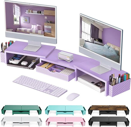 Dual Monitor Stand Riser, Desk Organizer With Drawer and 2 Pen Holders, Purple