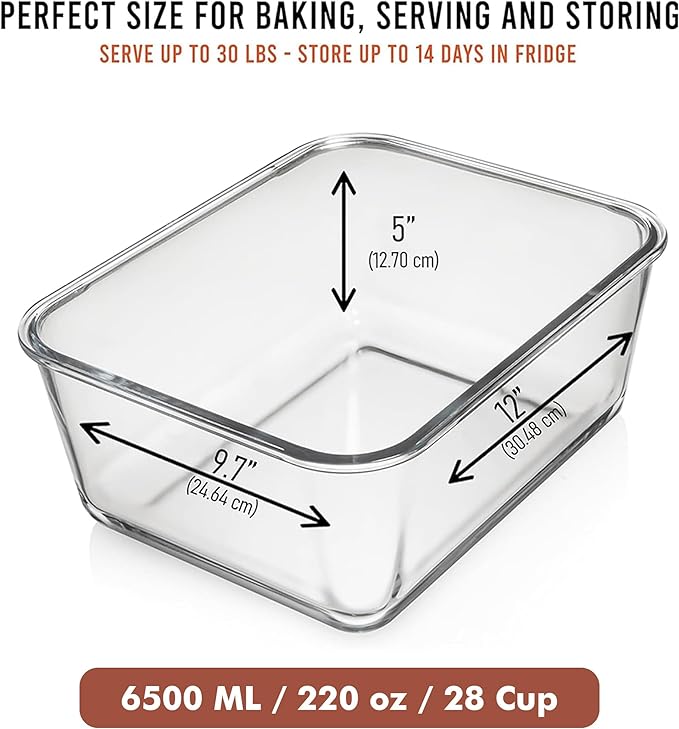 6500 ML / 220 oz / 28 Cup LARGE Glass Food Storage Container with Airtight Locking Lid. Ideal Storing food, Vegetables, Fruits. Baking Casserole, Lasagna, Roasting Turkey, Chicken BPA Free Oven Safe