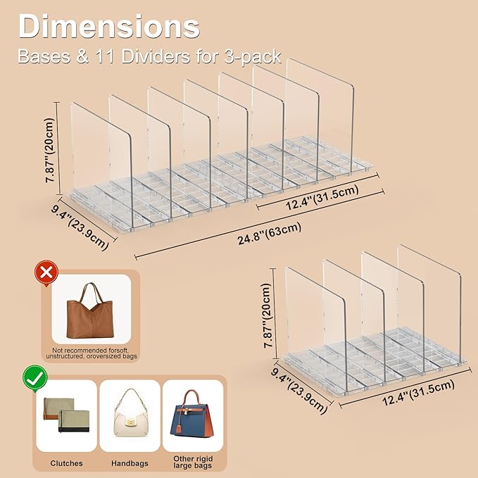 SortNStore Bag & Purse Organizer for Closet: Adjustable Clear Handbag Storage Shelf - Plastic Clutch Dividers for Closet Organizers and Storage - Keep Carteras & Pocketbook Upright 3 Pack - 11Dividers