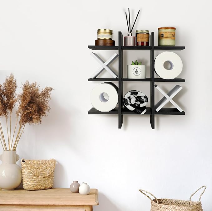 Weysat Tic Tac Toe Toilet Paper Holder Stand Bathroom Wall Decor Rustic Wooden Hanging Storage Freestanding Wall Mounted Shelves Decor for Toilet Tissue Farmhouse