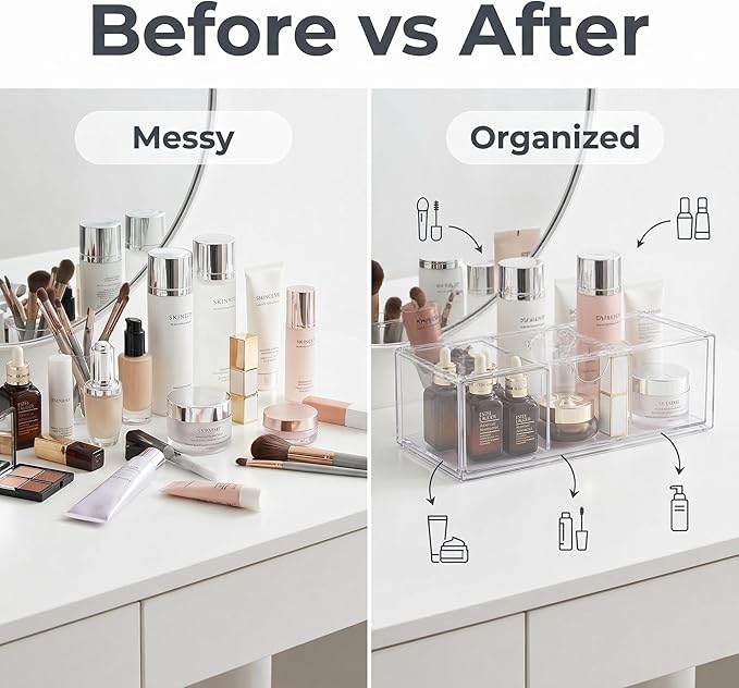 2-Layer Clear Acrylic Vanity Organizer with Adjustable Dividers, Stackable 3-Compartment Storage Box for Makeup, Hair Accessories, Skincare, Bathroom, Desk - 8.07" x 3.94" x 2.76"