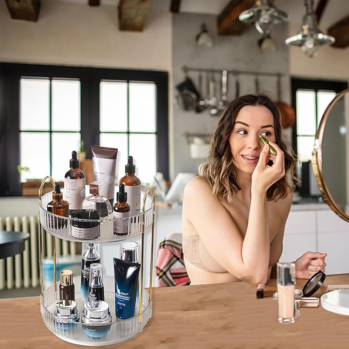 360 Rotating Makeup Organizer, Clear-2 Tier