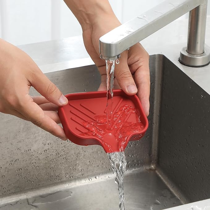 MicoYang Silicone Soap Dish with Drain Spout — Self-Draining Sink Organizer Tray for Bathroom & Kitchen, Holds Bar Soap, Sponges & Dispensers, Non-Slip & Dishwasher Safe, Red (Small, 4.9"×3.2")