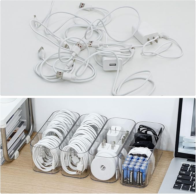 4 Pack Cord Organizer Box for Desk Drawer, Plastic Cable Storage Case with Wire Ties, Clear Home Office Supplies Container for Phone Charger, Art Crafts and bathroom Accessories