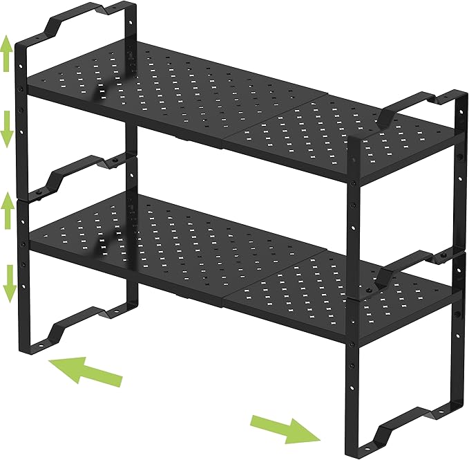 Jojocross Expandable Shelf for Cabinet Organizer Adjustable Stackable Spice Rack at Kitchen and Bathroom More,Metal Plate with Hole (2 Packs/Black, Large)