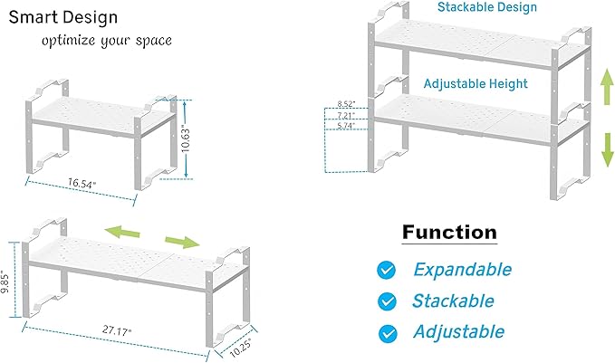 Jojocross Expandable Shelf for Cabinet Organizer Adjustable Stackable Spice Rack at Kitchen and Bathroom More, Counter Countertop Cupboard Organization Pantry Storage(3 Packs/White, Large)