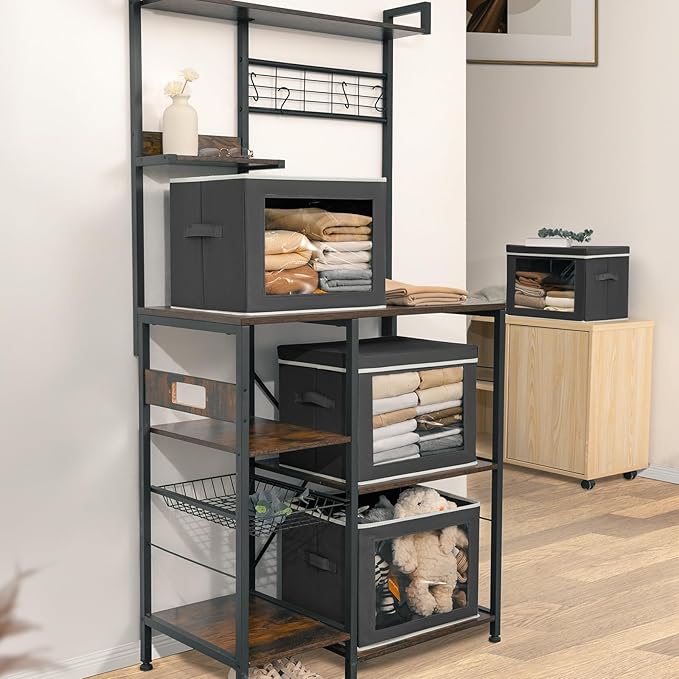 Homsorout Stackable Storage Bins with Lids - Large Storage Box with Lids, Foldable Closet Boxes for Organizing, Wardrobe Clothes Organizer with Window, Cubes Bins for Living Room, 6 Pack, Dark Grey