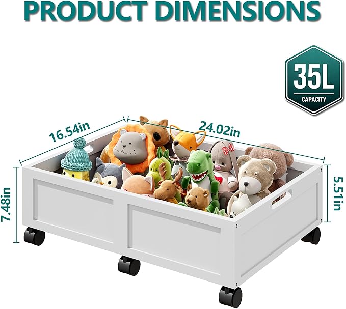WISUCART Wood Under Bed Storage Containers Underbed Organizer with Wheels Sturdy Wood Rolling Under Bed Shoe Storage Organizer 2 Packs (White, Small)