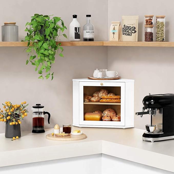 White Corner Bread Box for Kitchen Countertop
