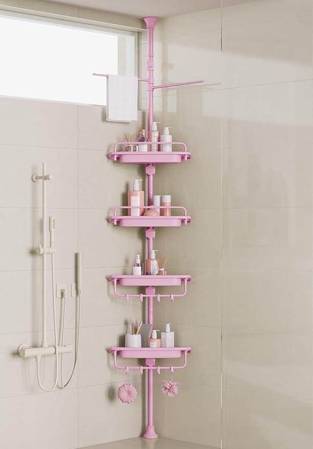 XLHOMO 32-122inch Corner Shower Caddy Tension Pole Pink, Rustproof Drill-Free Shower Shelves for Bathroom Bathtub Washbasin, Adjustable Shower Organizer with 4 Tier Patent Stable Shelves & Towel Bars