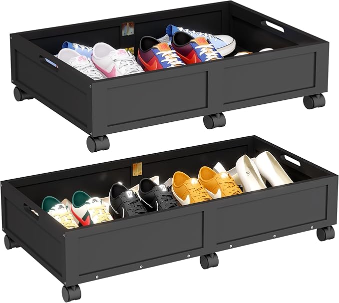 WISUCART Wood Under Bed Storage Containers Underbed Organizer with Wheels Sturdy Wood Rolling Under Bed Shoe Storage Organizer 2 Packs (Black, Large)