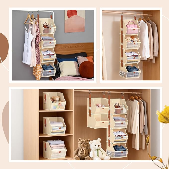 Fabric 4 Tier Hanging Closet Organizers Heavy Duty Shelf Hanging Storage Towel Clothes Sweater Jeans Bag Organizer For Closet For Bedroom,Dorm,RV,See Through Front Panel, Space-Saving (Beige-4Tier)
