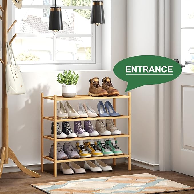 kiplant 4-Tier Shoe Rack for Entryway, Bamboo Wood Shoe Rack 4-Tier, Stackable Shoe Organizer for Closet, Free Standing Shoe Racks for Indoor & Outdoor