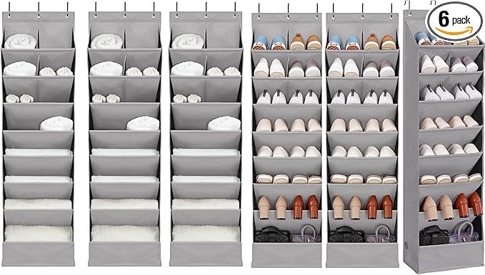 6 Pack Shoe Organizer with 6 Extra Large Pockets and 4 Large Pocket, Over the Door Sturdy Closet Storage Rack, Hanging Shoe Organizer for Shoes, Sneakers, Grey
