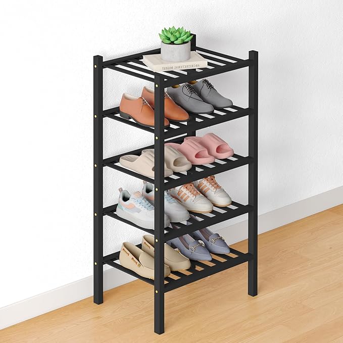 Smiry Bamboo Shoe Rack for Closet, 5 Tier Small Wooden Shoe Organizer, Stackable Wood Shoe Storage Shelf for Entryway, 14 Vertical Slats, 2+3 Stack Heavy-Duty Legs, 17.32"x11.02"x31.3", Black