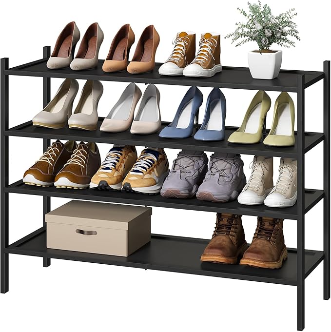 kiplant Black Shoe Rack, 4-Tier Bamboo Wood Shoe Rack, Stackable Bamboo Wood Shoe Shelf for Closet, Entryway & Hallway