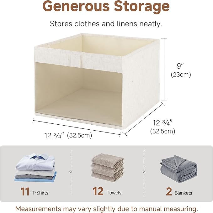 StorageWorks Closet Storage Bins with Clear Window, Large Fabric Organizer for Clothes, Collapsible Storage Baskets with PU Handles, Beige, Tianshan Cotton-Linen, 3-Pack