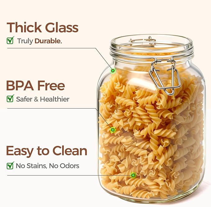 Set of 3 Square Glass Jars with Airtight Lids (51 Oz)