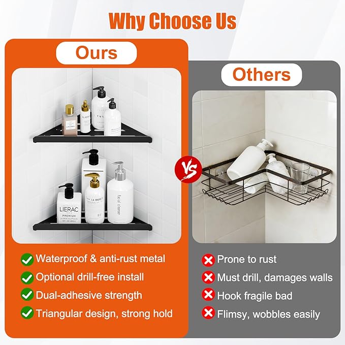 Fikoksol Shower Caddy, 4 Pack Bathroom Corner Shelf, Triangle Shelf Storage for Bathroom Shower, Black Metal Shower Shelf & Rustproof Wall Mounted Adheisve Shower Organizer Accessories and Essentials