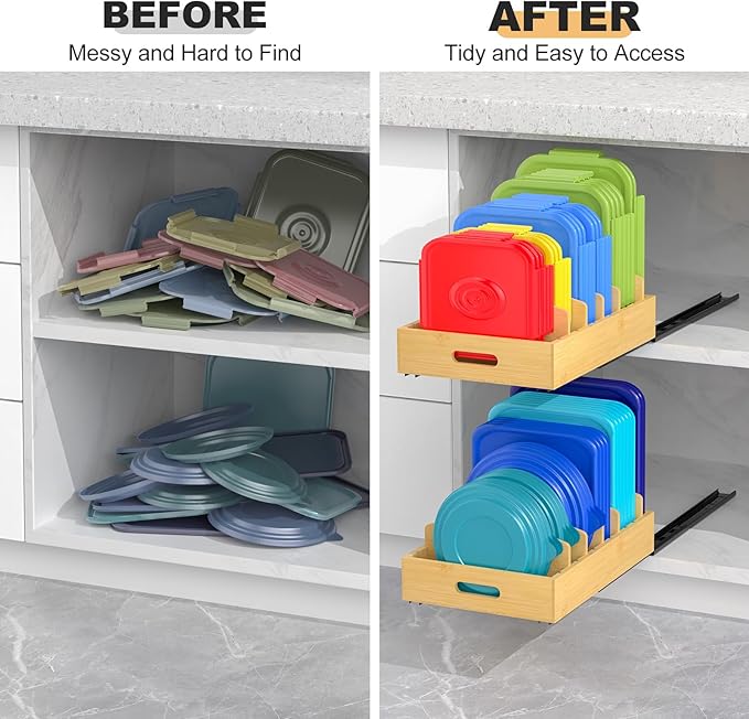 Housolution Pull Out Food Container Lid Organizer with Sliding Rail, Slide Out Plastic Lid Holder Compatible with Tupperware, Bamboo Storage Box with 5 Adjustable Dividers for Kitchen Cabinet, 2 Pack