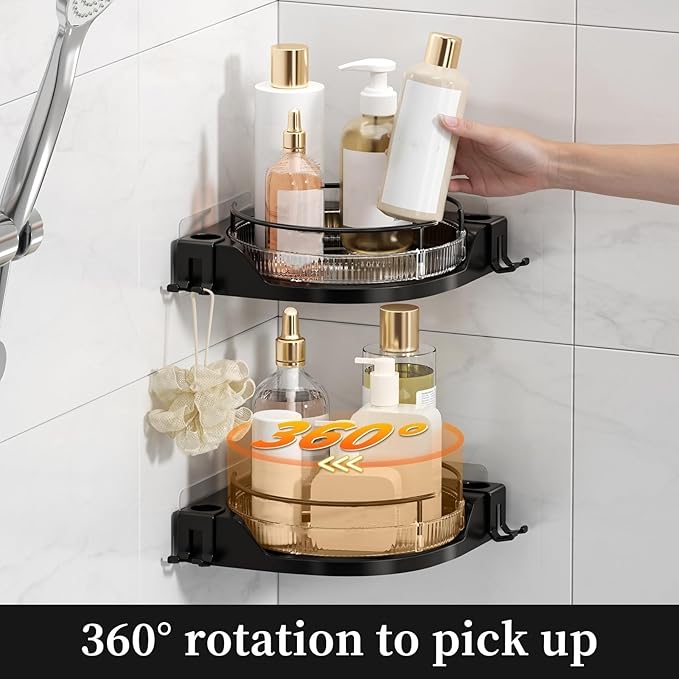 360°Rotating Corner Shower Caddy(2-Pack), No-Drill Adhesive Shower Shelf Organizer with Hooks, Lazy Susan Bathroom Storage for Bathtub, Shower Corner & Kitchen Sink, Space Saving Bathroom Organizer