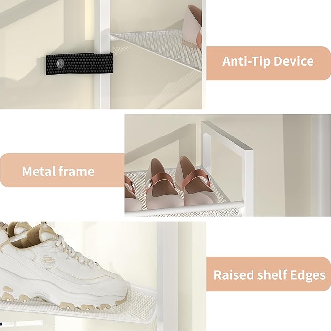 Stackable Shoe Rack, 6 Tier Metal Shoe Storage for 12-15 Pairs, Vertical Shoe Shelf for Small Space Front Door Entrance Closet Garage, White