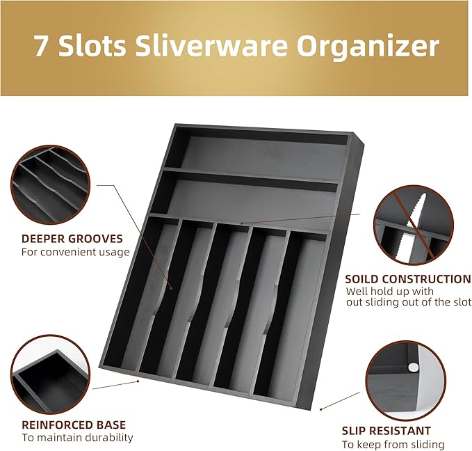 Silverware Organizer Kitchen Drawer Organizer Utensil Organizer Bamboo, Black