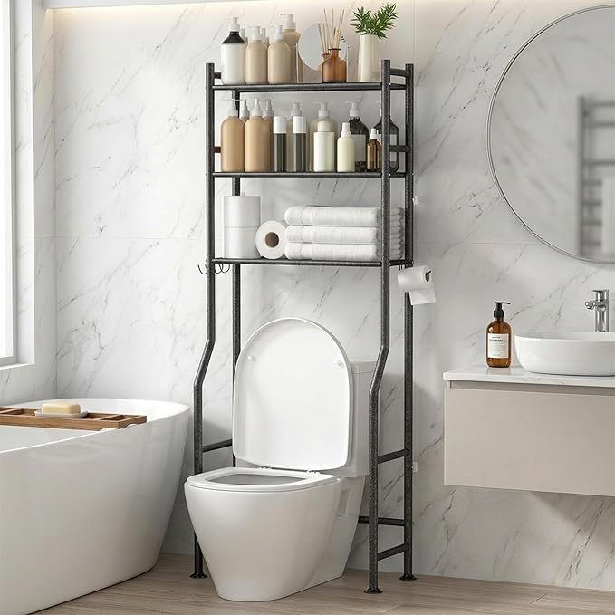 GloTika 3-Tier Over Toilet Storage with Anti-Tilt Safety System - 150lb Total Capacity Metal Bathroom Shelves Including Paper Holder & 4 Hooks, Space Saving Above Commode Organizer (64" H, Snow Black)