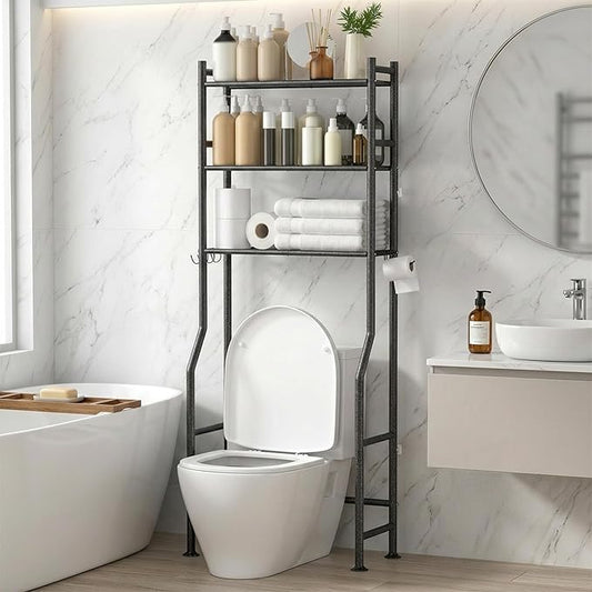 3-Tier Over Toilet Storage with Anti-Tilt Safety System, 64" H, Snow Black