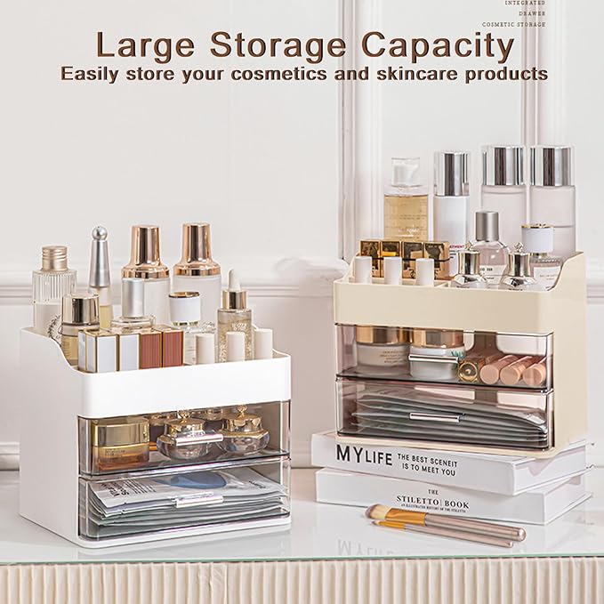 DASITON Makeup Organizer with 2 Drawers, Large Capacity Makeup Cosmetic Organizers for Vanity Dresser Bathroom Countertop, Vanity Organizer Makeup Storage Box for Skincare, Eyeshadow, Lotions (Cream)
