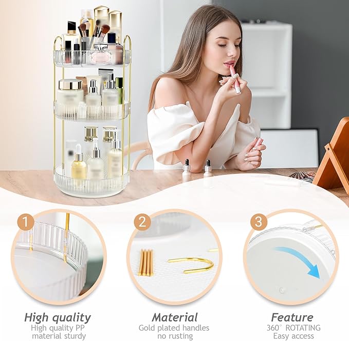 Rotating Makeup Organizer for Vanity, High-Capacity Skincare Perfume Storage