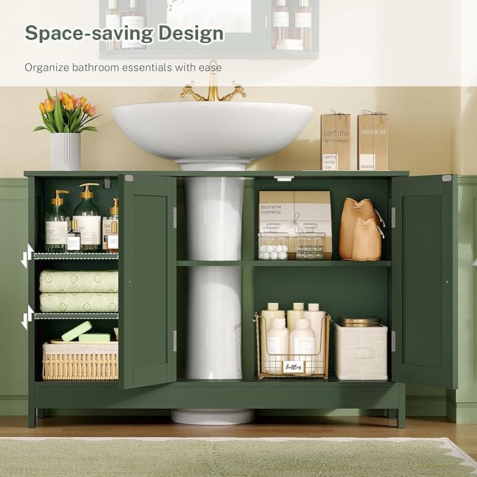 TEENFON 35.4" Pedestal Sink Storage Cabinet with 2 Doors and Adjustable Shelves, Bathroom Sink Cabinet, Under Sink Storage with U-Shape Cut-Out, Green