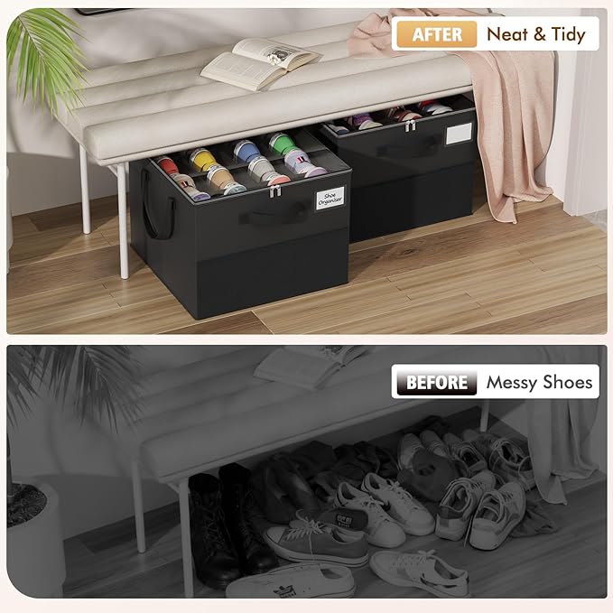2 Pack Shoe Organizer for Closet, Large Shoe Box Storage Containers, Black
