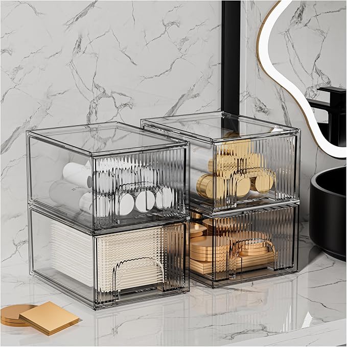 4 Pack Clear Stackable Storage Drawer, Acrylic Drawer, Cosmetic Organizer
