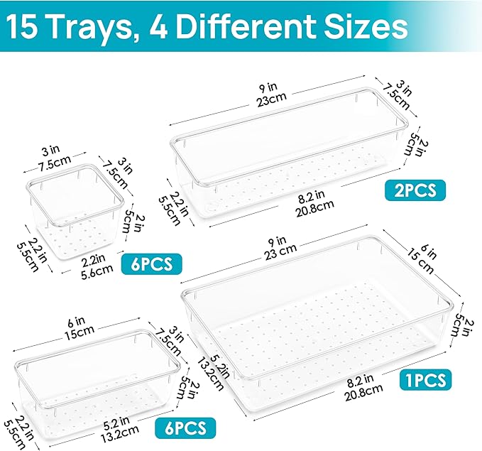 15 PCS Clear Plastic Drawer Organizers Set