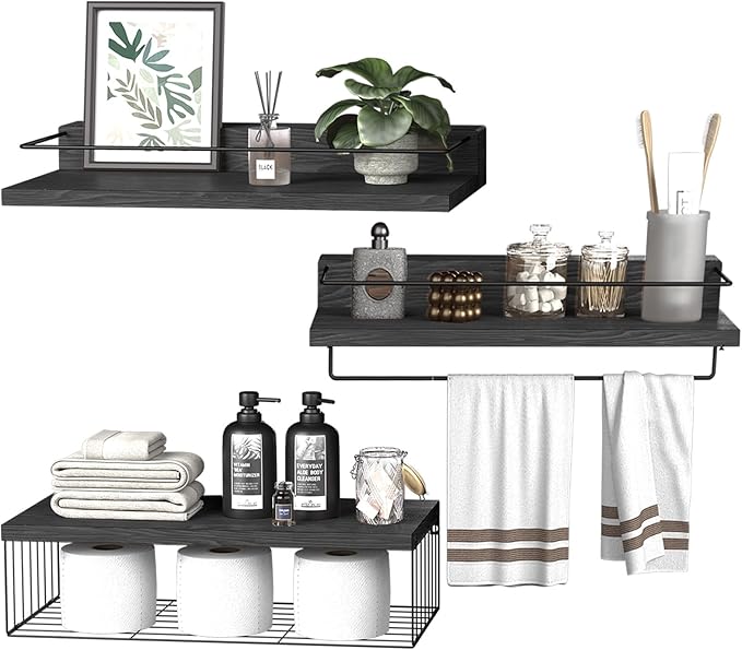 PopiShelves 22.5 inches Bathroom Shelves Over Toilet for Wall, Floating Shelves with Storage Basket Paper Holer for Kitchen Living Room, Bedroom & Classroom, Set of 3 (Black)