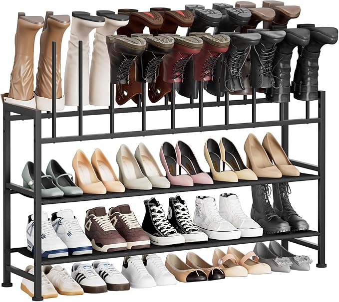 DIMJ Free Standing Shoe Racks - 3-Tier Boot Rack, Black Metal Boot Storage Organizer Tall Boots, Tall Boot Organizer for Closet, Multiuse Shoe Rack for Boots, Sneakers,Fit for 10 Pairs, Black