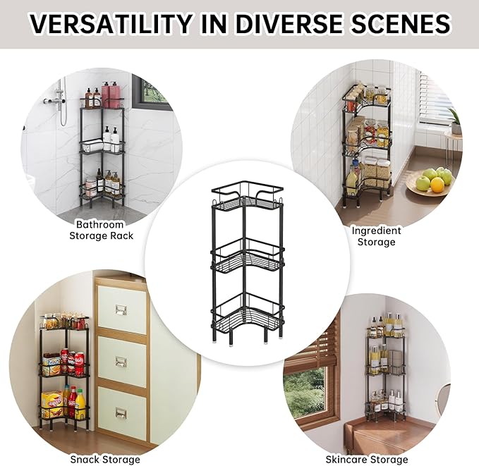 Standing Shower Corner Caddy, 3-Tier Stainless Steel Material Shower Organizer with 12 Hooks - Space Saving Corner Shelf with Adjustable Feet for Bathroom, Compact Spaces (Black, 3 Tiers)