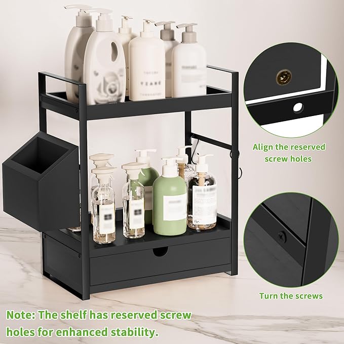 Kottwca 2-Tier Bathroom Counter Organizer with Drawer, Basket & Hooks, Wooden Vanity Shelf for Skincare, Perfume & Makeup Storage(Black)